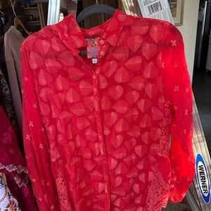 Johnny Was orangeSheer Embroidered Button-Front Top